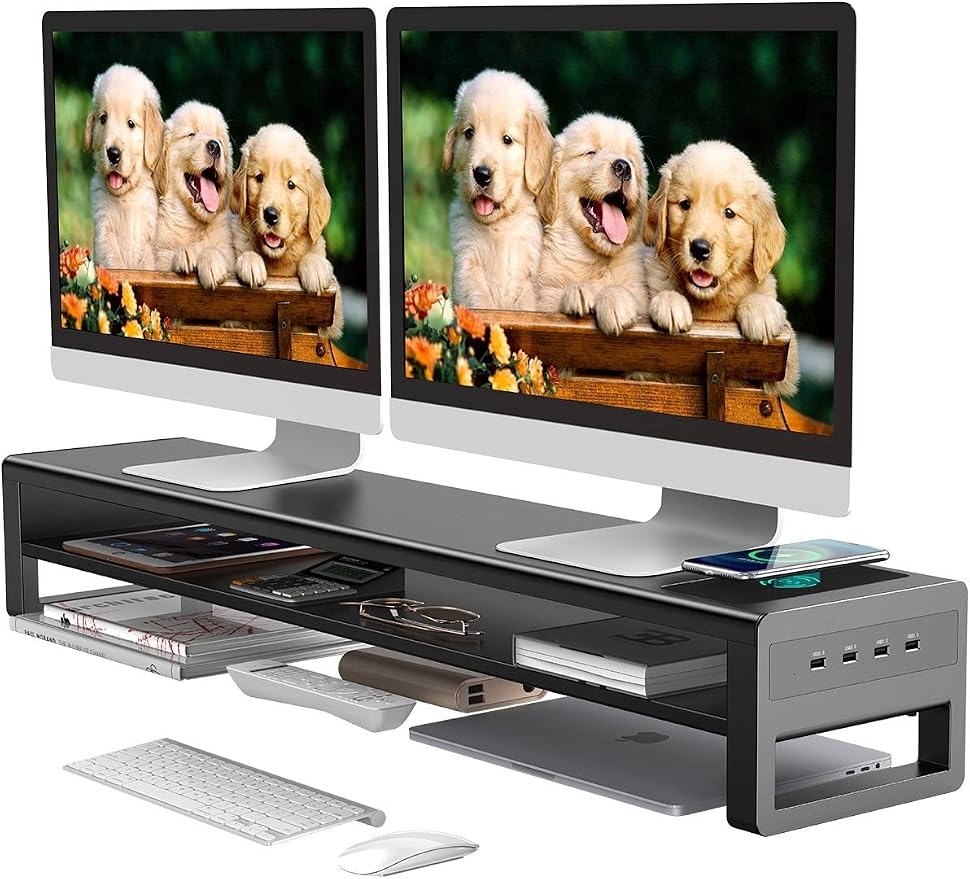 Dual-Monitorständer mit kabelloser Ladefunktion und 4 USB-Ports